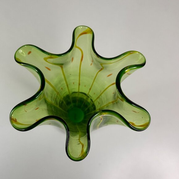 Eastern Hand-Blown Green Glass Vase With Yellow & Red Swirl Design 10.5" - Picture 7 of 12